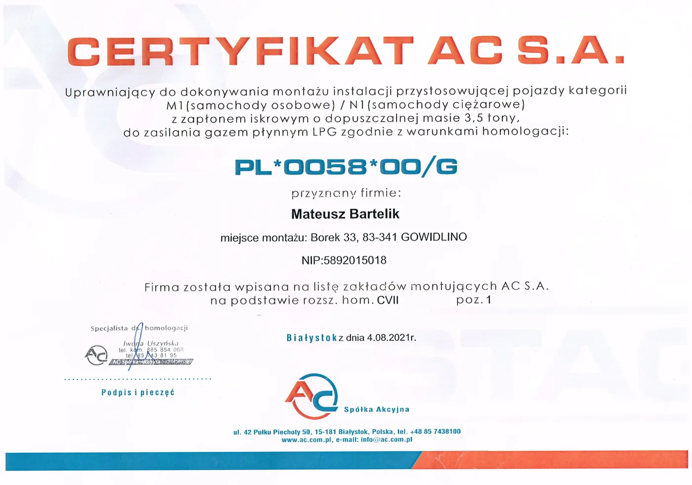 Certyfikat AC S.A. - uprawnienie do montażu instalacji LPG, homologacja PL*0058*00/G