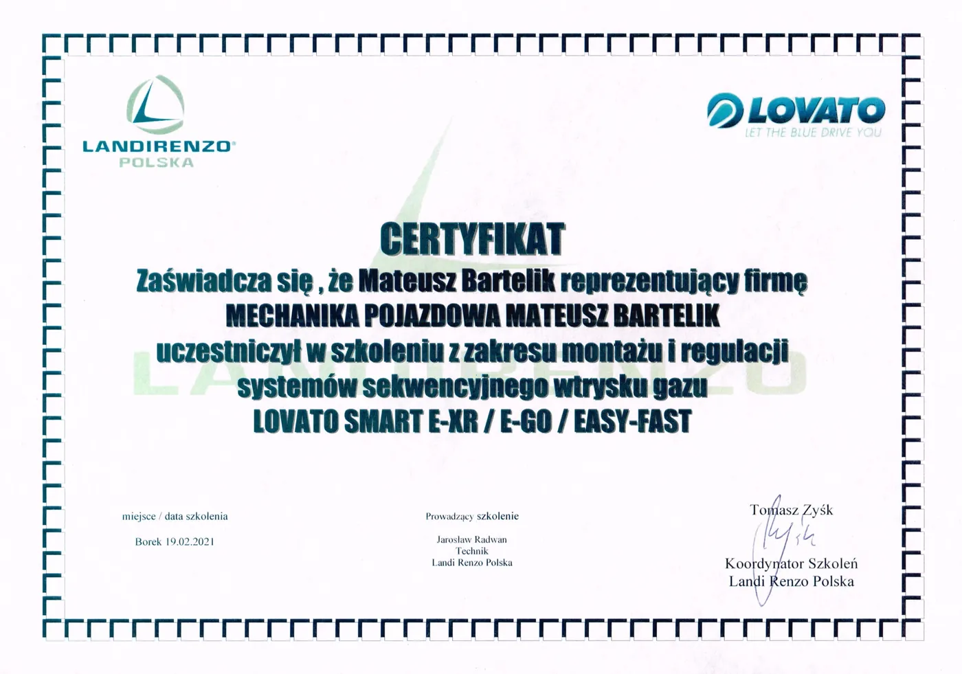 Certyfikat szkolenia Landi Renzo Polska i Lovato - montaż i regulacja wtrysku sekwencyjnego